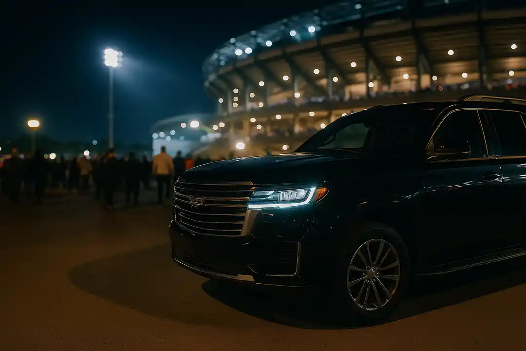 Escalade parked outside a sports complex