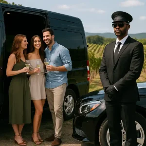 people enjoying wine and chauffeur standing by