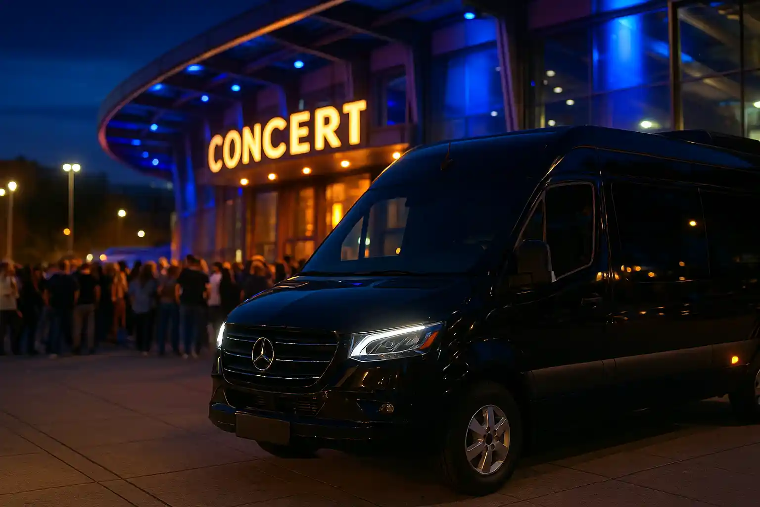 sprinter parked outside a concert hall