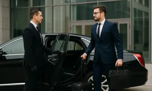 A businessman exting a black car