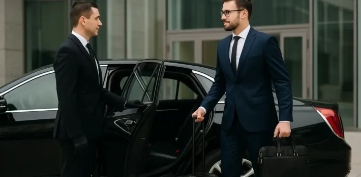 A businessman exting a black car