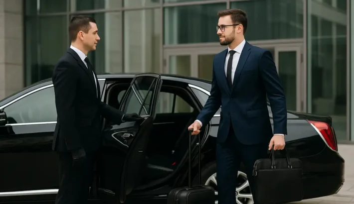 A businessman exting a black car