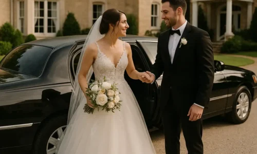 A couple holding hands on their wedding