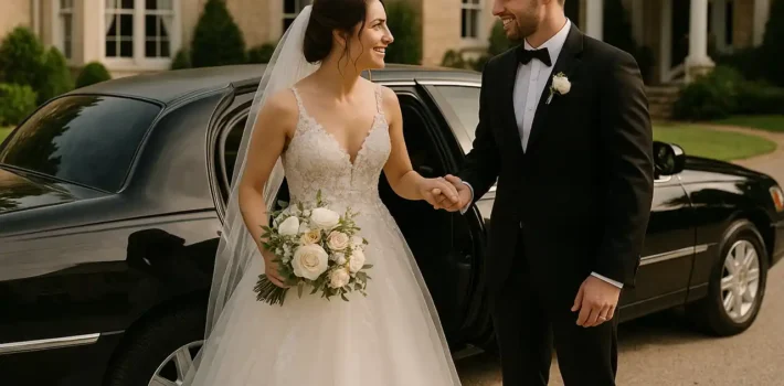 A couple holding hands on their wedding