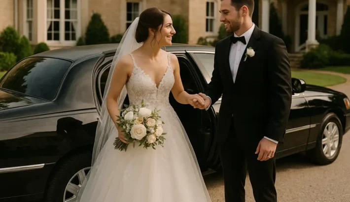 A couple holding hands on their wedding