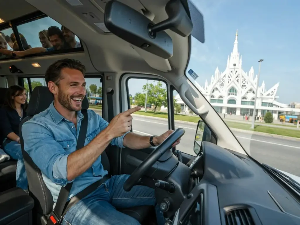 A driver smiling and pointing out a local landmark