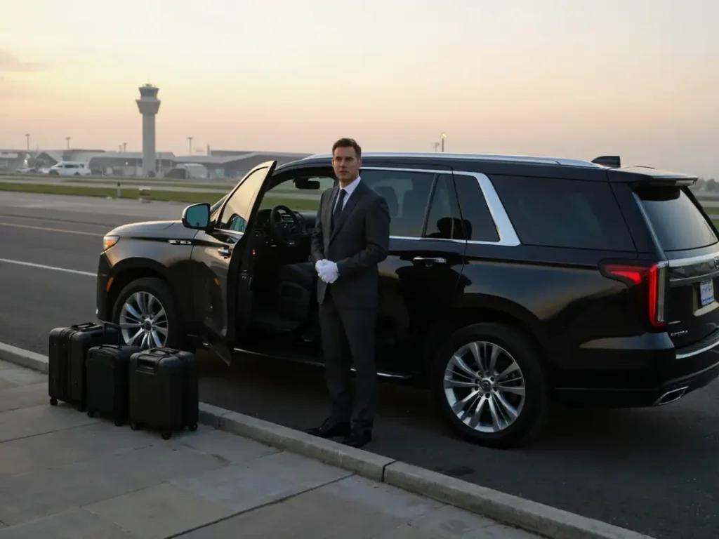 A driver standing by a polished car at sunrise