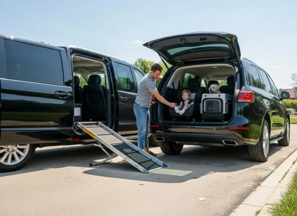 A family loading child car seats into an SUV