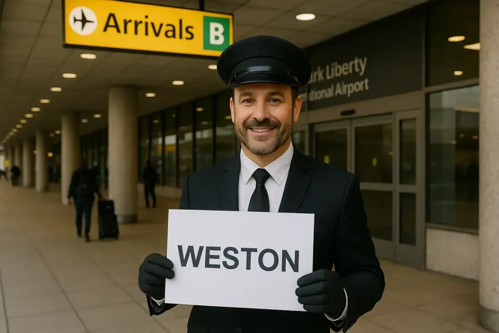 A friendly, uniformed chauffeur holding a welcome sign