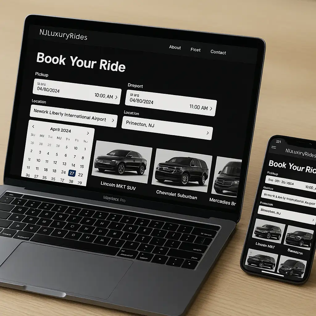 A laptop and smartphone displaying the NJLuxuryRides website’s booking page