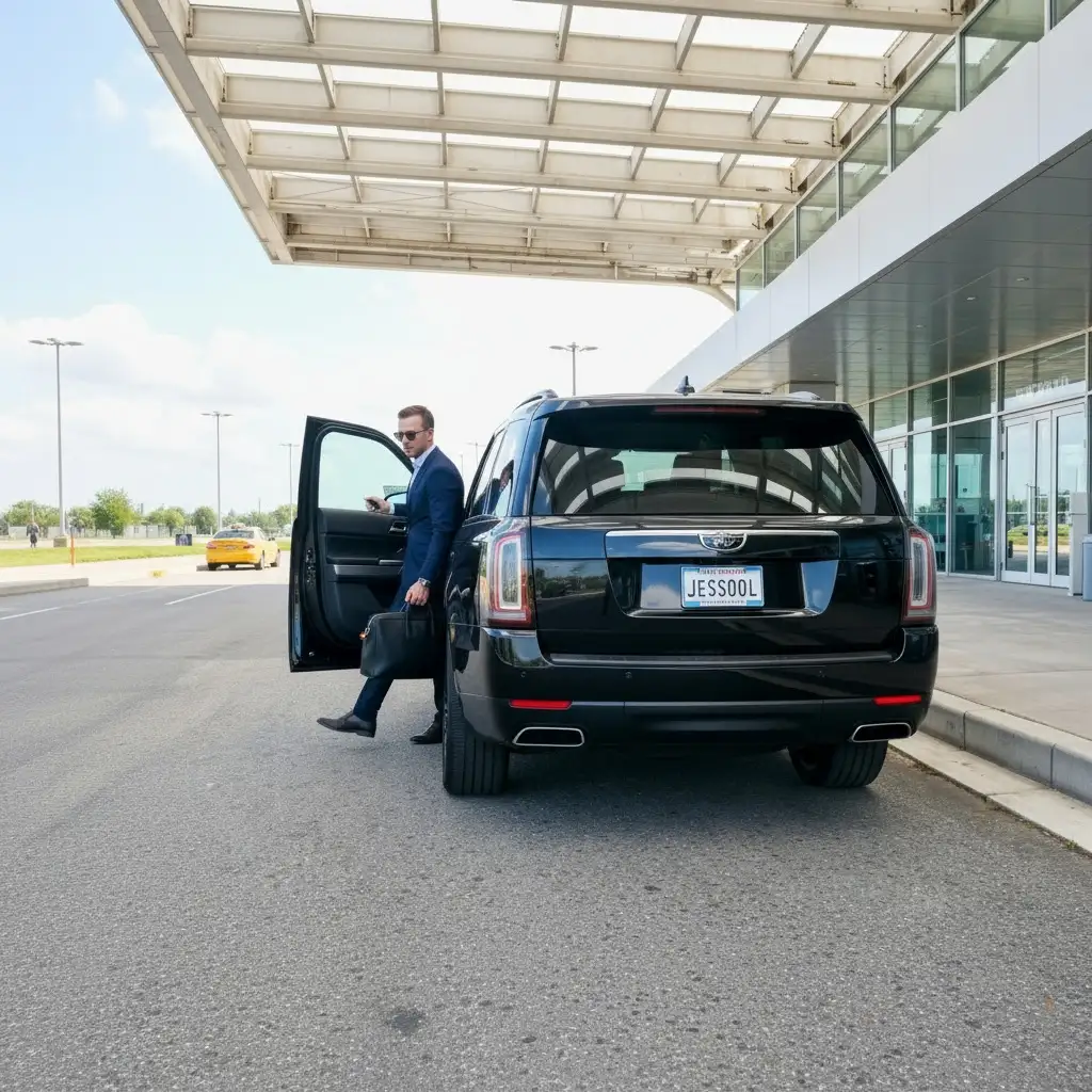 A luxurious black sedan or SUV parked curbside at an airport