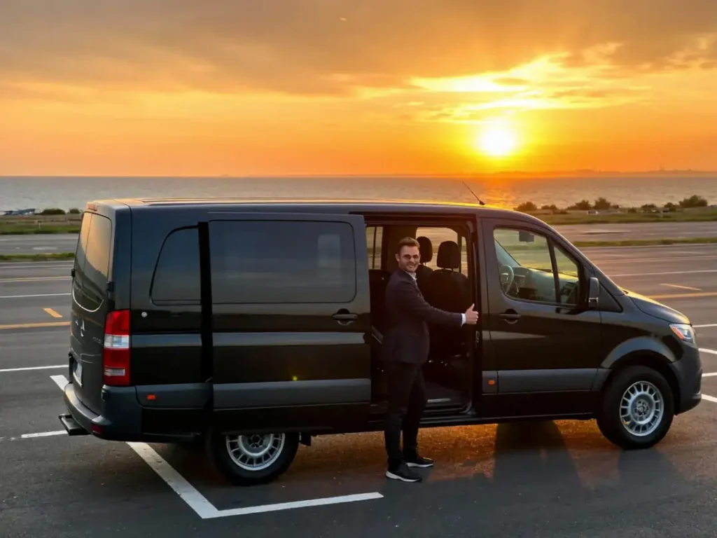 A stylish traveler closing the door of an NJLuxuryRides car at the airport curb