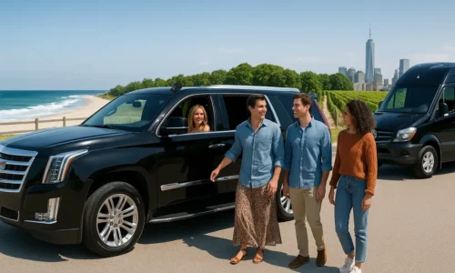 group of people at beach with black car