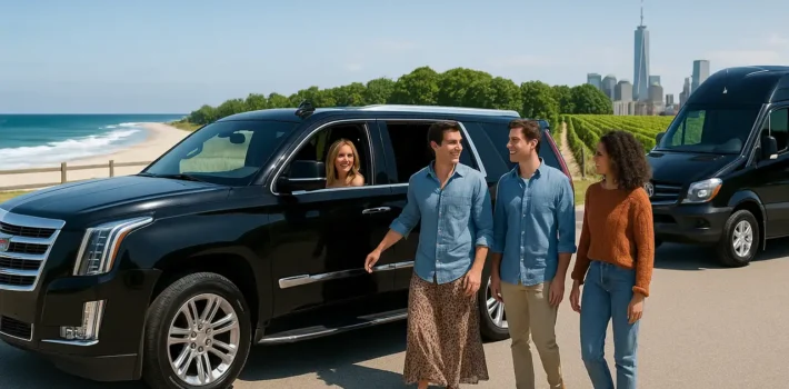 group of people at beach with black car