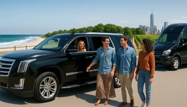 group of people at beach with black car