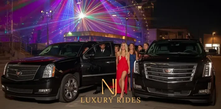 a black Cadillac Escalade parked outside a glowing New Jersey event venue at night