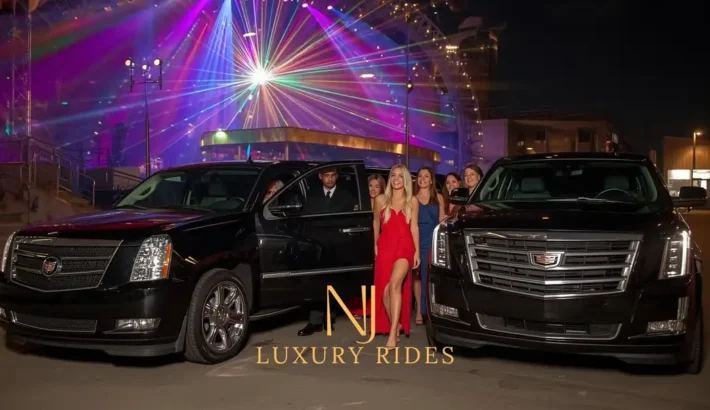 a black Cadillac Escalade parked outside a glowing New Jersey event venue at night