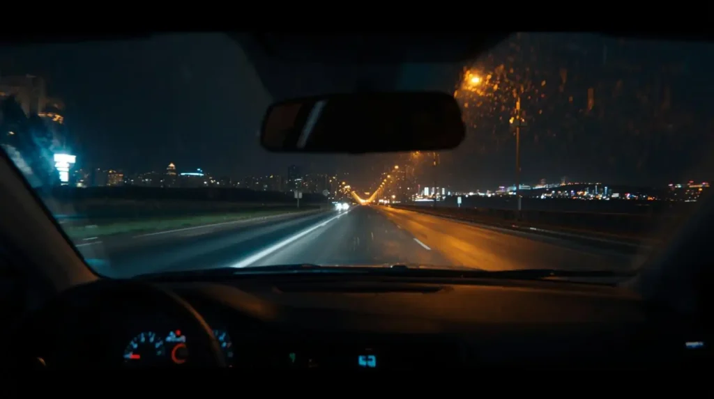 A calm interior shot of a car driving through a nearly empty city street after midnight