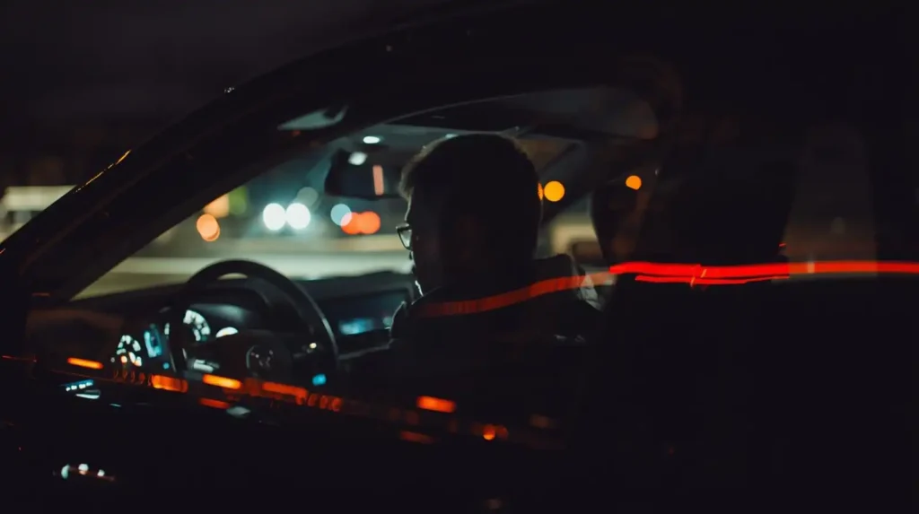 A quiet moment inside a car at night, city lights reflecting softly through the window