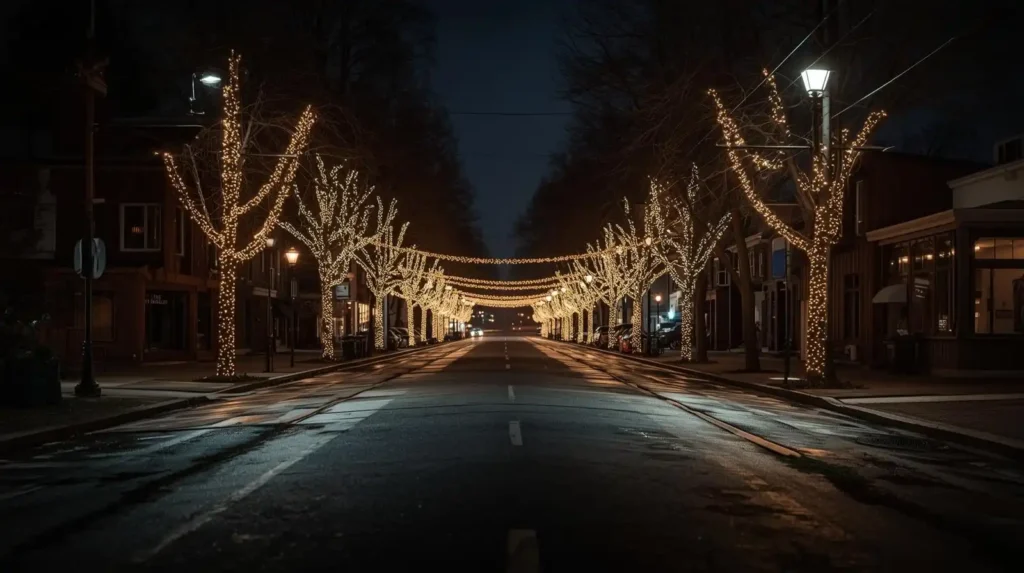 An empty street just after midnight with holiday lights still glowing