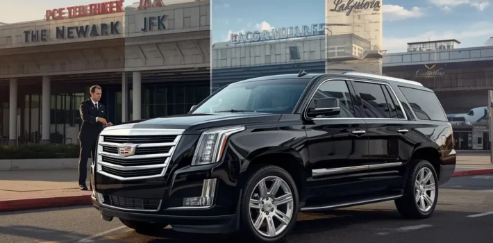 Experienced Chauffeur Standing in front of EWR JFK and LGA airports as background