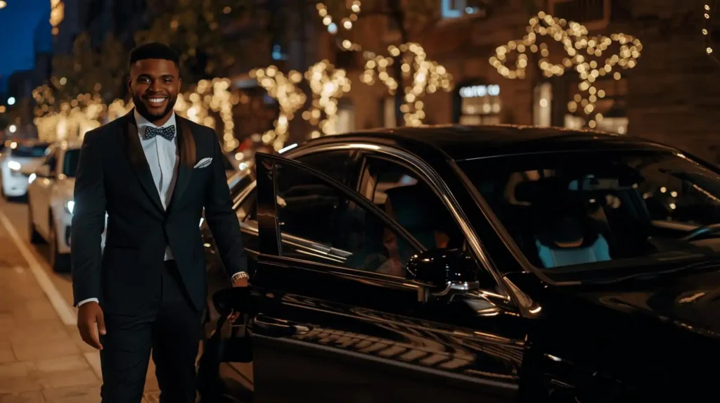 Passengers dressed for New Year’s Eve stepping into a luxury car at night