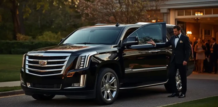 Professional chauffeur driven limousine arriving at a major spring event in New Jersey