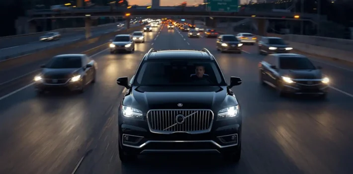 Professional chauffeur navigating New Jersey traffic in a luxury limousine service vehicle