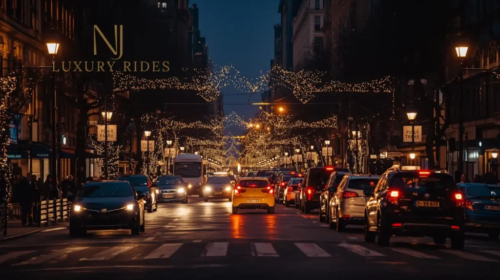street at night just before New Year’s Eve, lights glowing softly, traffic moving slowly