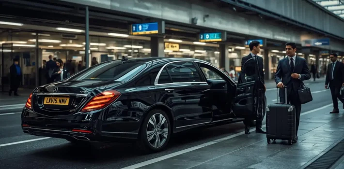 professional chauffeur assisting passengers at an airport terminal curbside