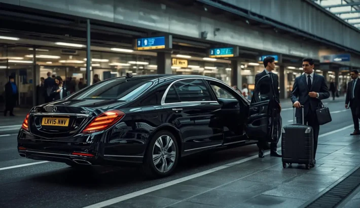 professional chauffeur assisting passengers at an airport terminal curbside
