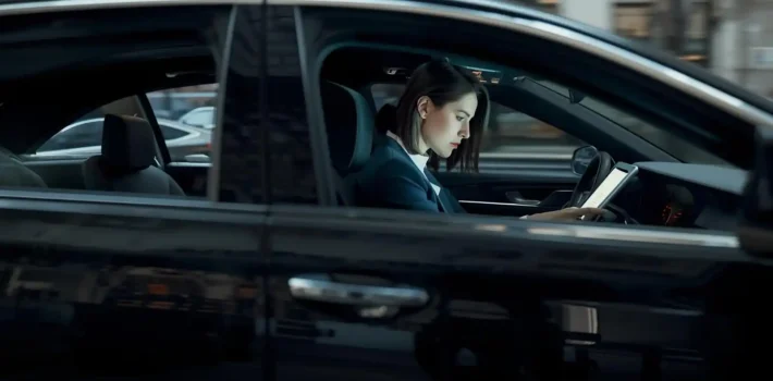 Executive choosing black car service over rental for professional business travel