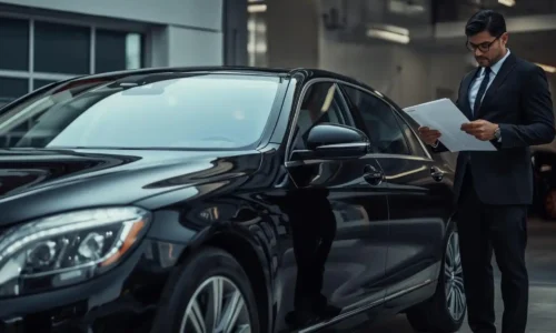 chauffeur reviewing insurance documents on a clipboard beside the vehicle