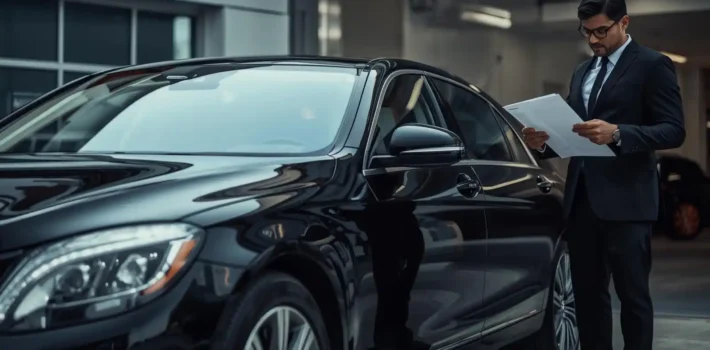 chauffeur reviewing insurance documents on a clipboard beside the vehicle