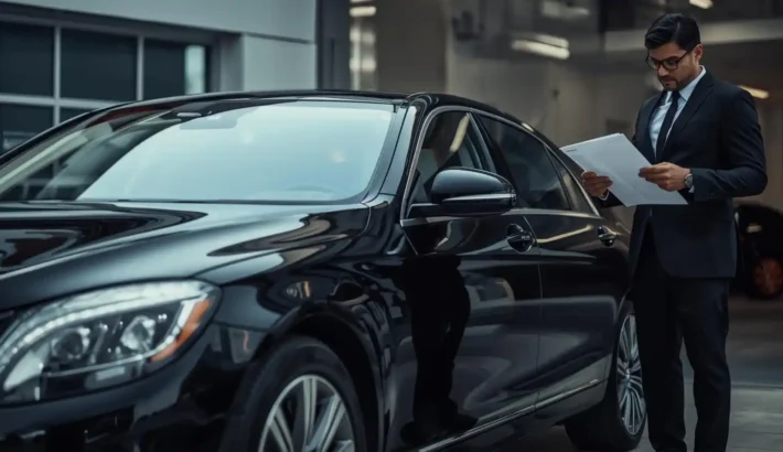 chauffeur reviewing insurance documents on a clipboard beside the vehicle