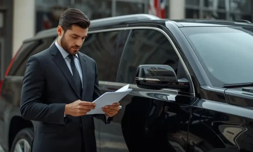 A professional chauffeur checking driving license documents