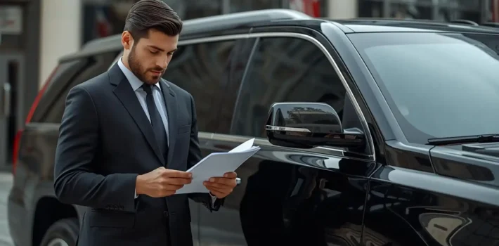 A professional chauffeur checking driving license documents