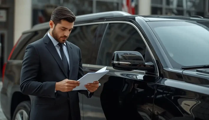 A professional chauffeur checking driving license documents