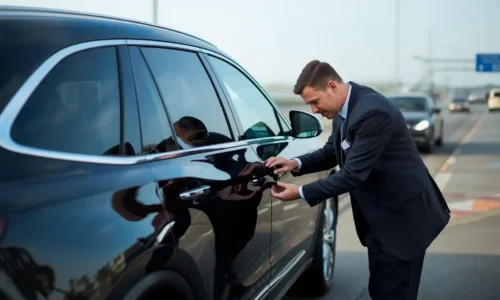 Chauffeur conducting safety inspection before professional passenger transport