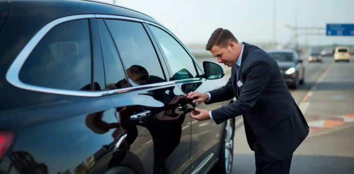 Chauffeur conducting safety inspection before professional passenger transport