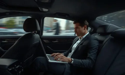 Executive using chauffeur service to stay productive during business travel