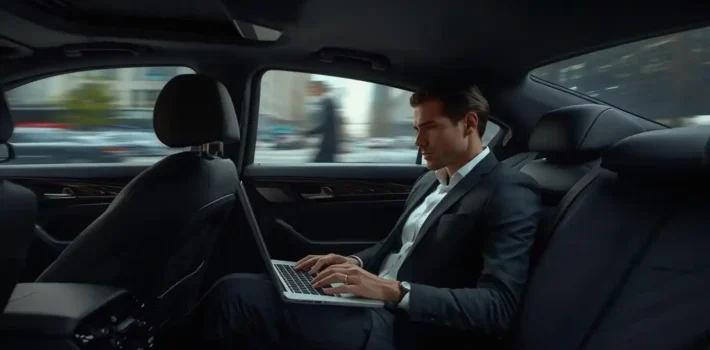 Executive using chauffeur service to stay productive during business travel