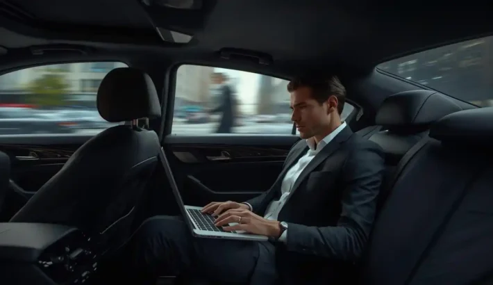 Executive using chauffeur service to stay productive during business travel
