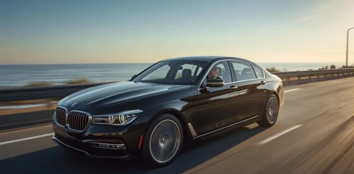 Professional black car service navigating New Jersey coastal highway