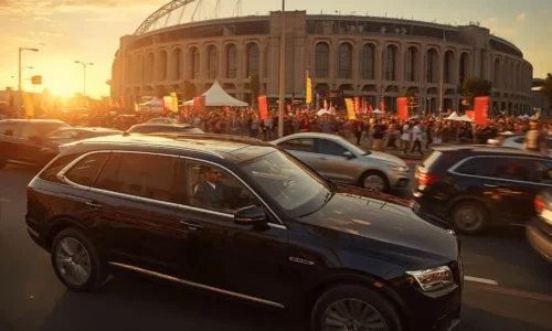Professional event transportation near stadium during peak traffic