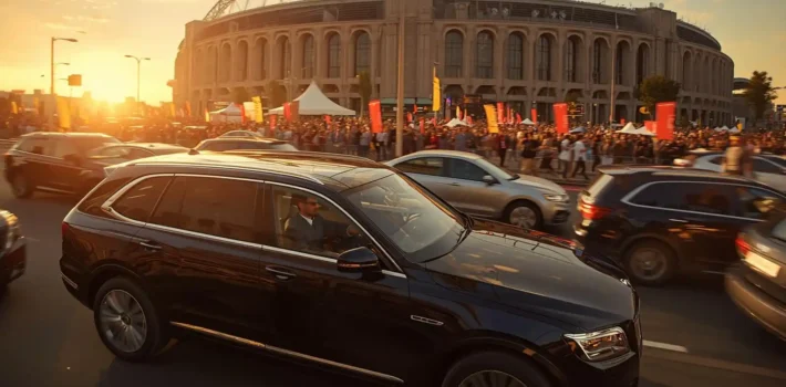 Professional event transportation near stadium during peak traffic