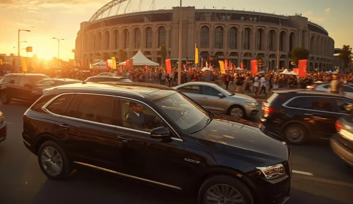 Professional event transportation near stadium during peak traffic