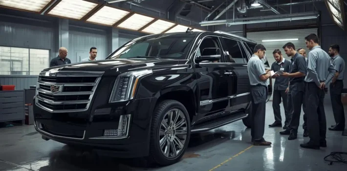 Professional limo vehicle undergoing safety inspection and maintenance