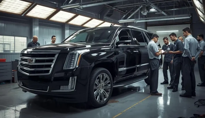 Professional limo vehicle undergoing safety inspection and maintenance