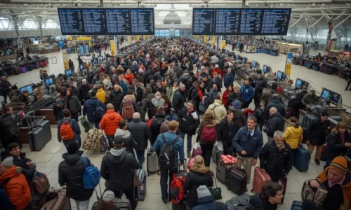 Crowded airport terminal during holiday travel season with passengers waiting in lines